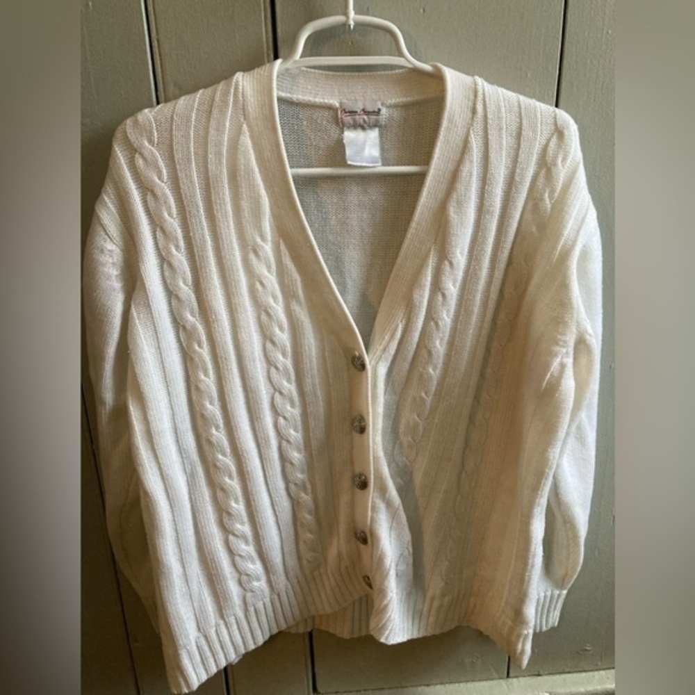 Bobbie Brooks Cream ivory v-neck cable-knit front cardigan sweater Vinta…